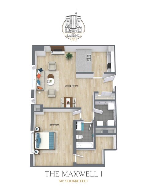 Floor plan for 1 bed, 1 bath, 601 sqft